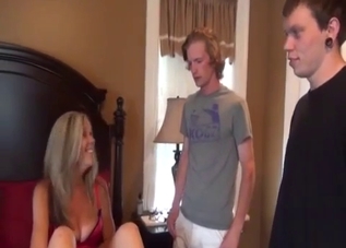 Red get-up blonde fucks her two sons